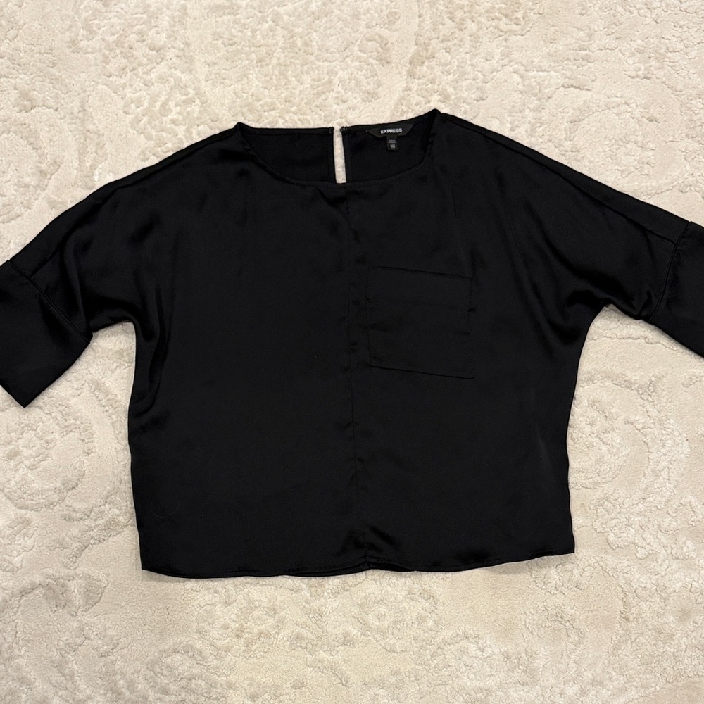 Express Black Boxy Pocket Blouse - Women's Top Silk